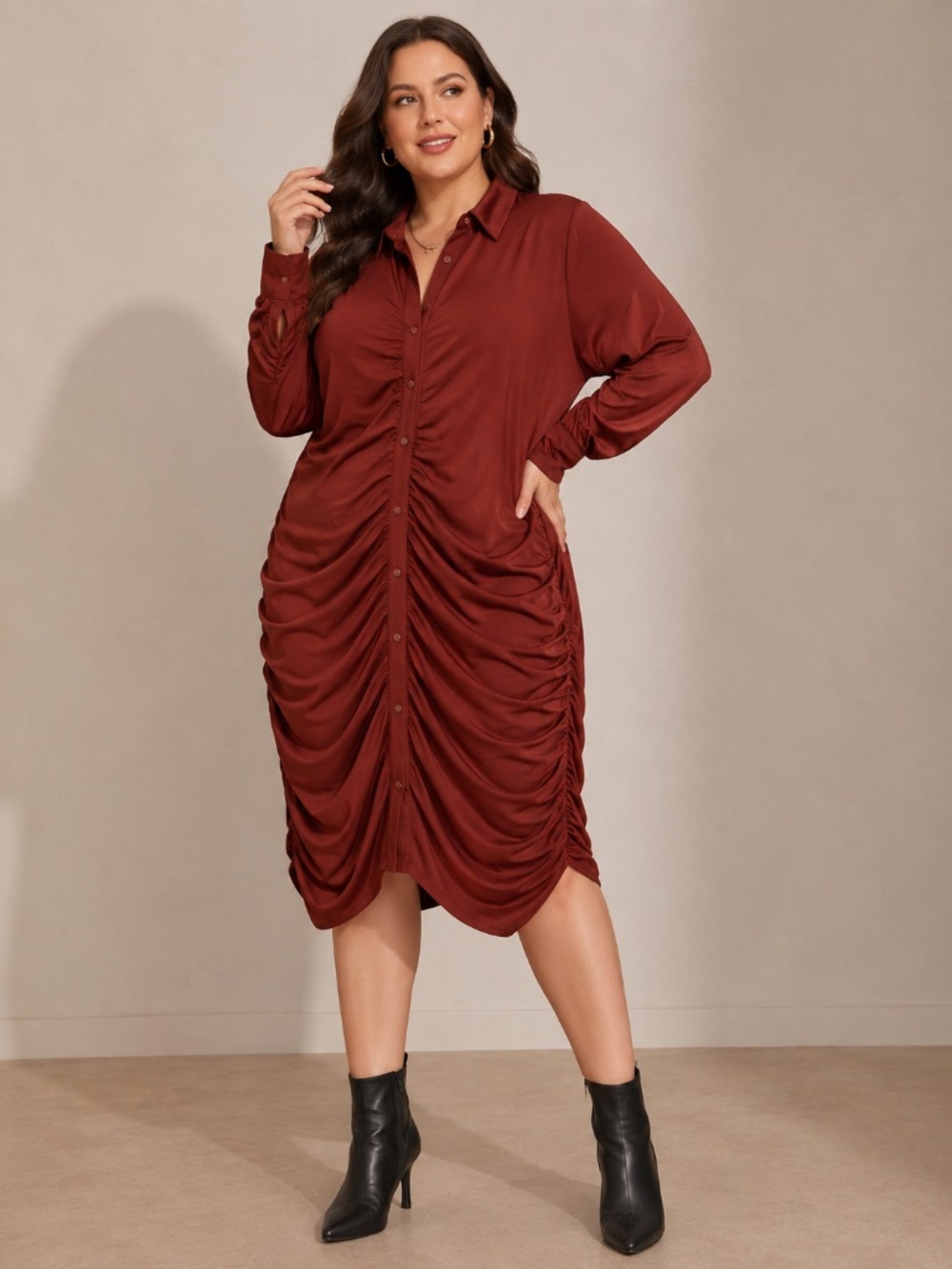 Torrid Ruched Button Front Shirt Dress Womens 2X Terecotta Brown Draped Midi
